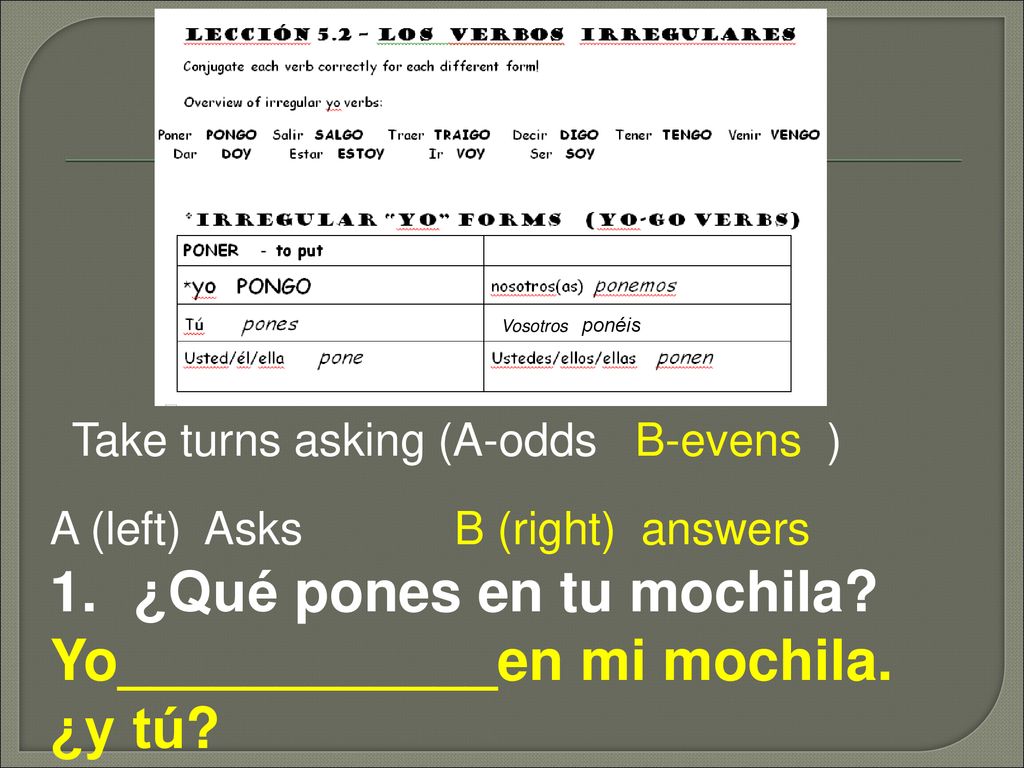 ¿Qué pones en tu mochila Yo____________en mi mochila. ¿y tú