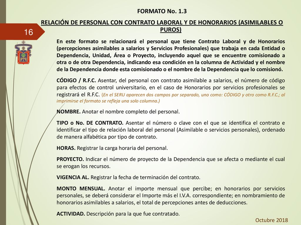 FORMATO No. 1.3 RELACIÓN DE PERSONAL CON CONTRATO LABORAL Y DE HONORARIOS (ASIMILABLES O PUROS)