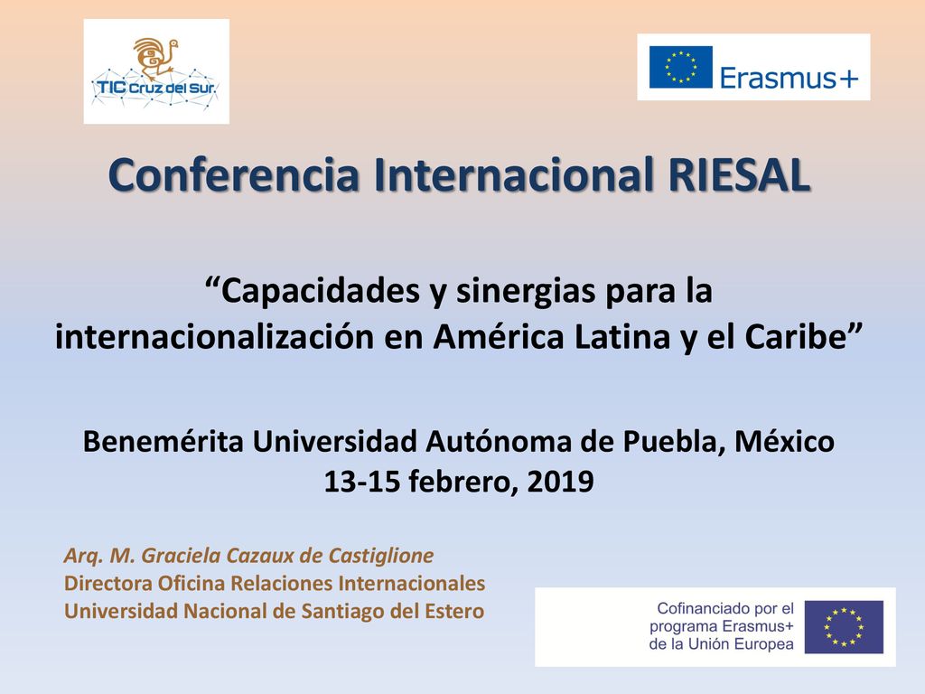 Conferencia Internacional RIESAL Capacidades y sinergias para la internacionalización en América Latina y el Caribe Benemérita Universidad Autónoma de Puebla, México febrero, 2019