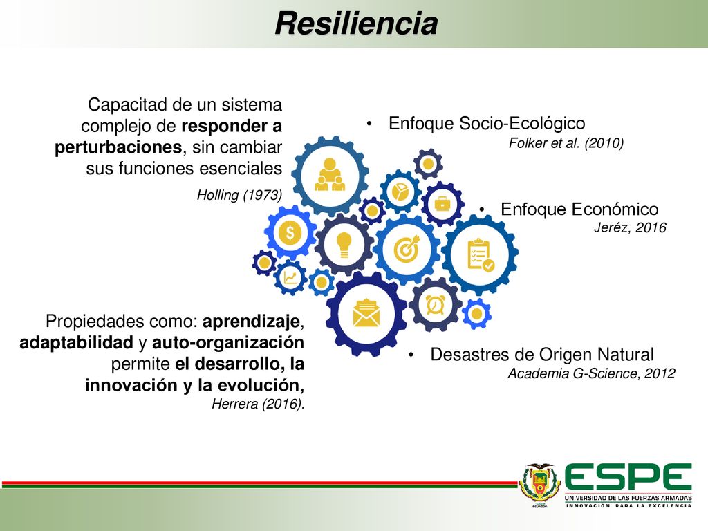 Resiliencia Capacitad de un sistema complejo de responder a perturbaciones, sin cambiar sus funciones esenciales.