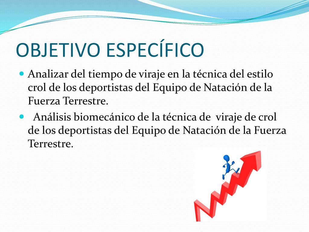 OBJETIVO ESPECÍFICO Analizar del tiempo de viraje en la técnica del estilo crol de los deportistas del Equipo de Natación de la Fuerza Terrestre.