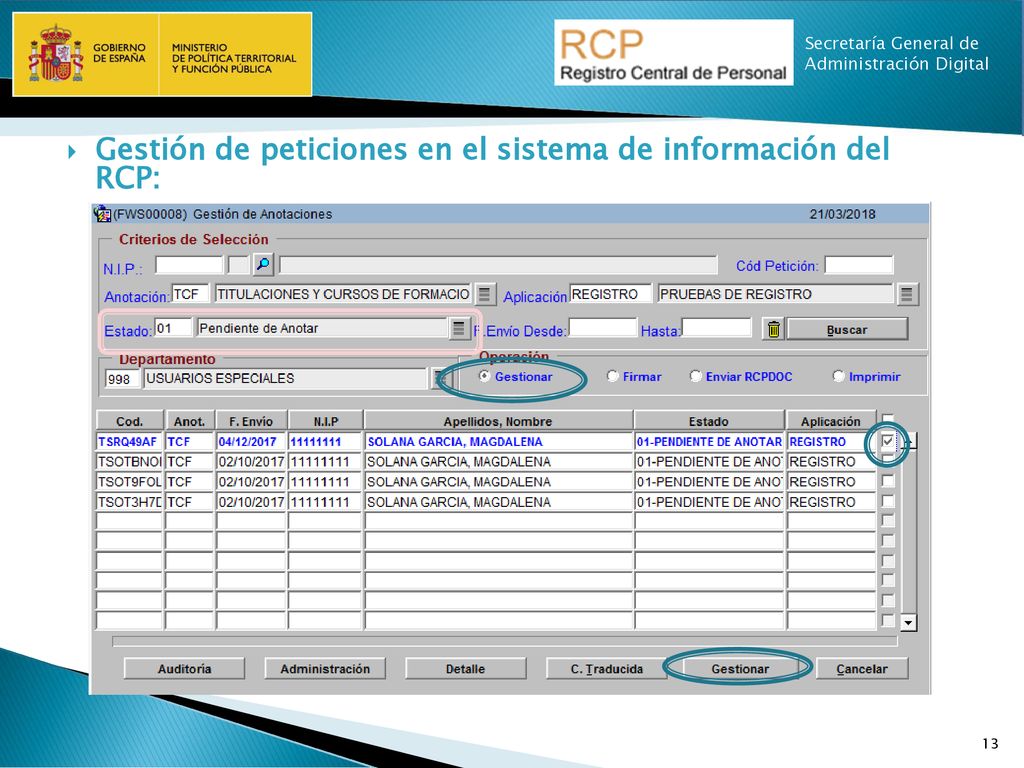 Gestión de peticiones en el sistema de información del RCP: