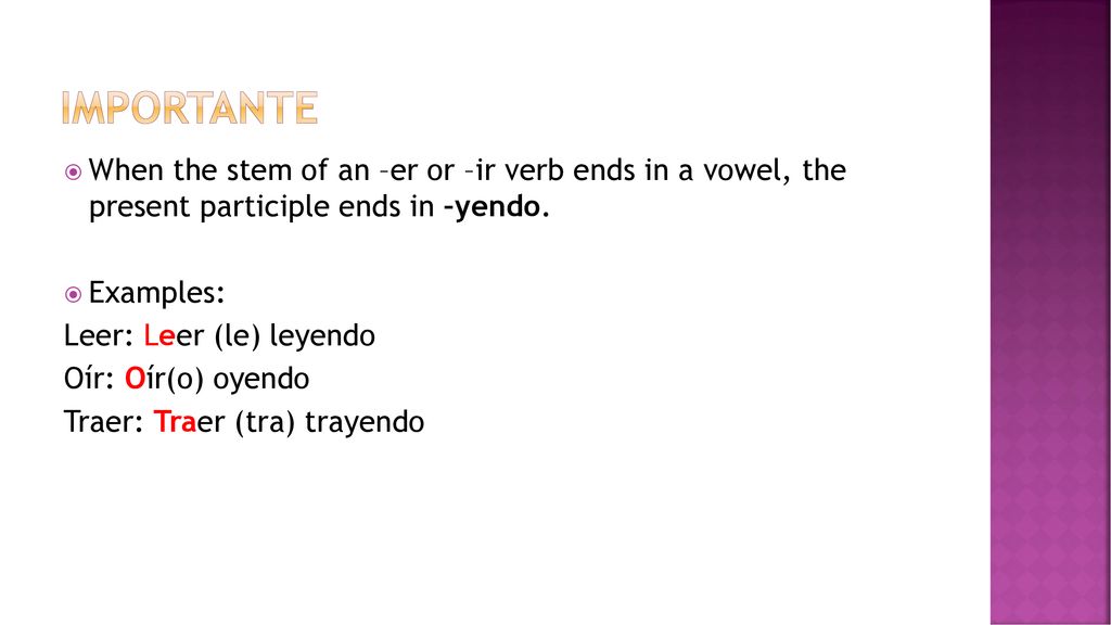 Importante When the stem of an –er or –ir verb ends in a vowel, the present participle ends in –yendo.