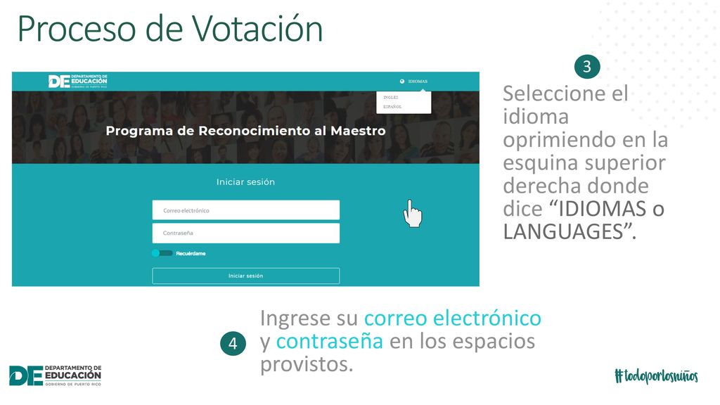 Proceso de Votación 3. Seleccione el idioma oprimiendo en la esquina superior derecha donde dice IDIOMAS o LANGUAGES .