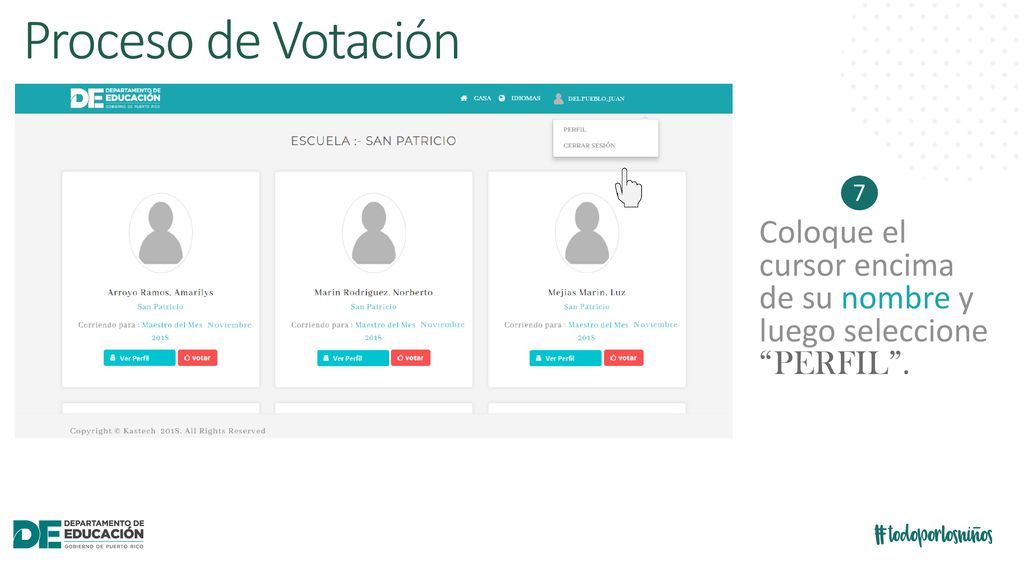 Proceso de Votación 7 Coloque el cursor encima de su nombre y luego seleccione PERFIL .