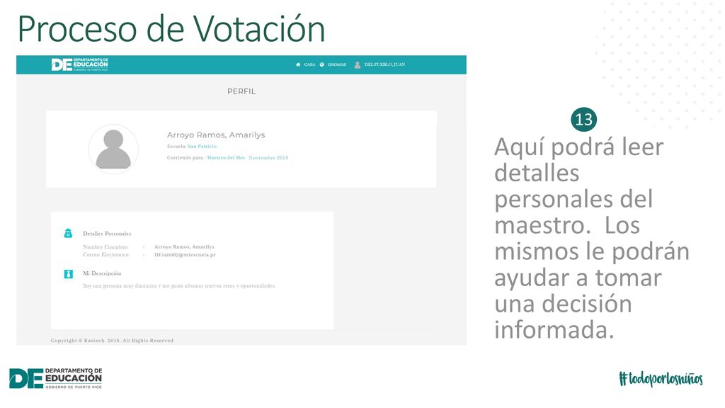 Proceso de Votación 13. Aquí podrá leer detalles personales del maestro.