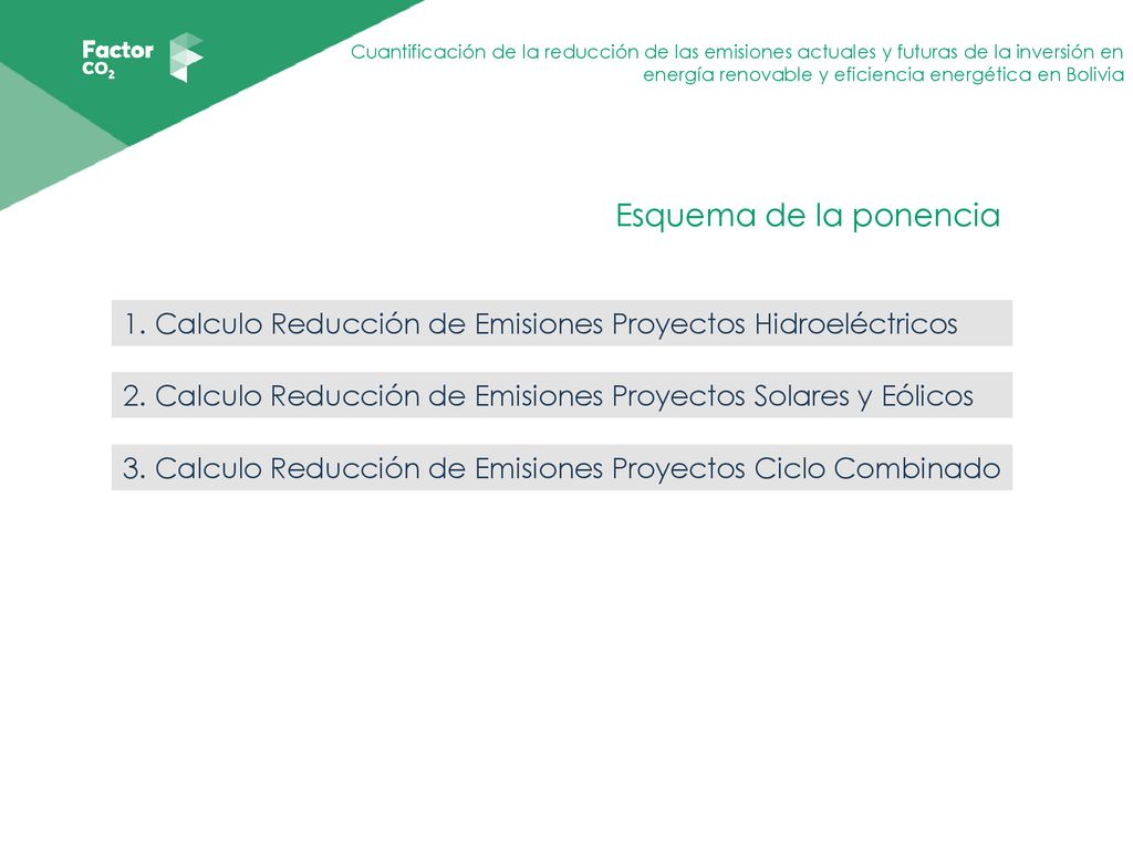 Esquema de la ponencia 1. Calculo Reducción de Emisiones Proyectos Hidroeléctricos. 2. Calculo Reducción de Emisiones Proyectos Solares y Eólicos.
