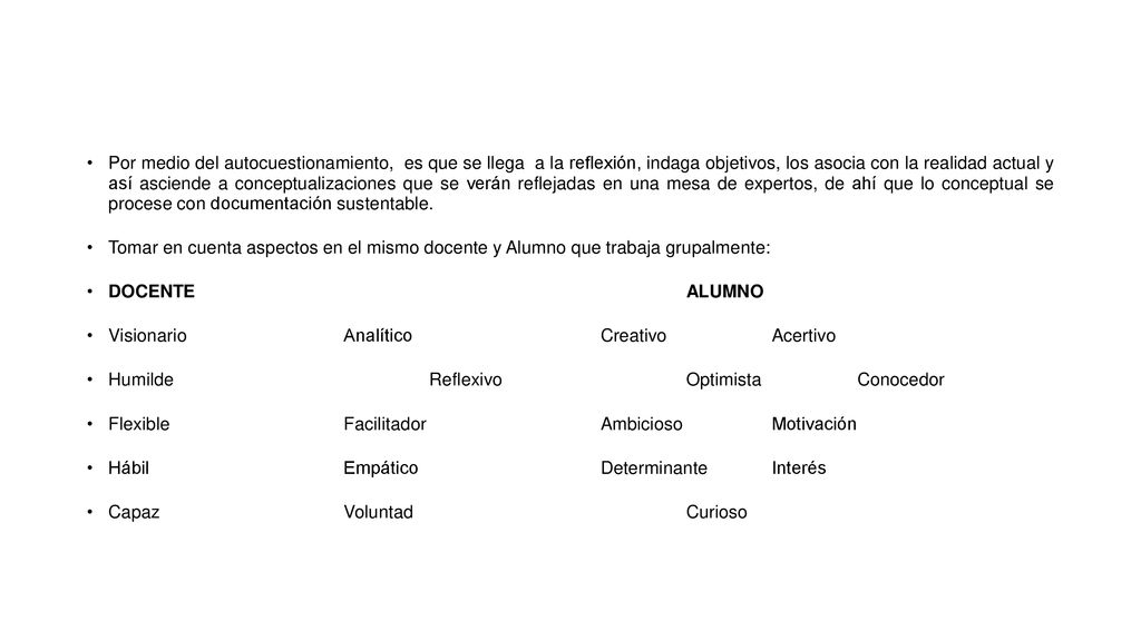 Por medio del autocuestionamiento, es que se llega a la reflexión, indaga objetivos, los asocia con la realidad actual y así asciende a conceptualizaciones que se verán reflejadas en una mesa de expertos, de ahí que lo conceptual se procese con documentación sustentable.