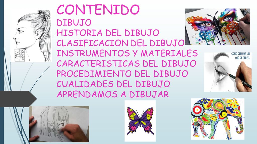 CONTENIDO DIBUJO HISTORIA DEL DIBUJO CLASIFICACION DEL DIBUJO INSTRUMENTOS Y MATERIALES CARACTERISTICAS DEL DIBUJO PROCEDIMIENTO DEL DIBUJO CUALIDADES DEL DIBUJO APRENDAMOS A DIBUJAR