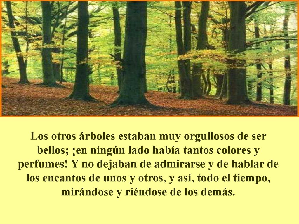 Los otros árboles estaban muy orgullosos de ser bellos; ¡en ningún lado había tantos colores y perfumes.