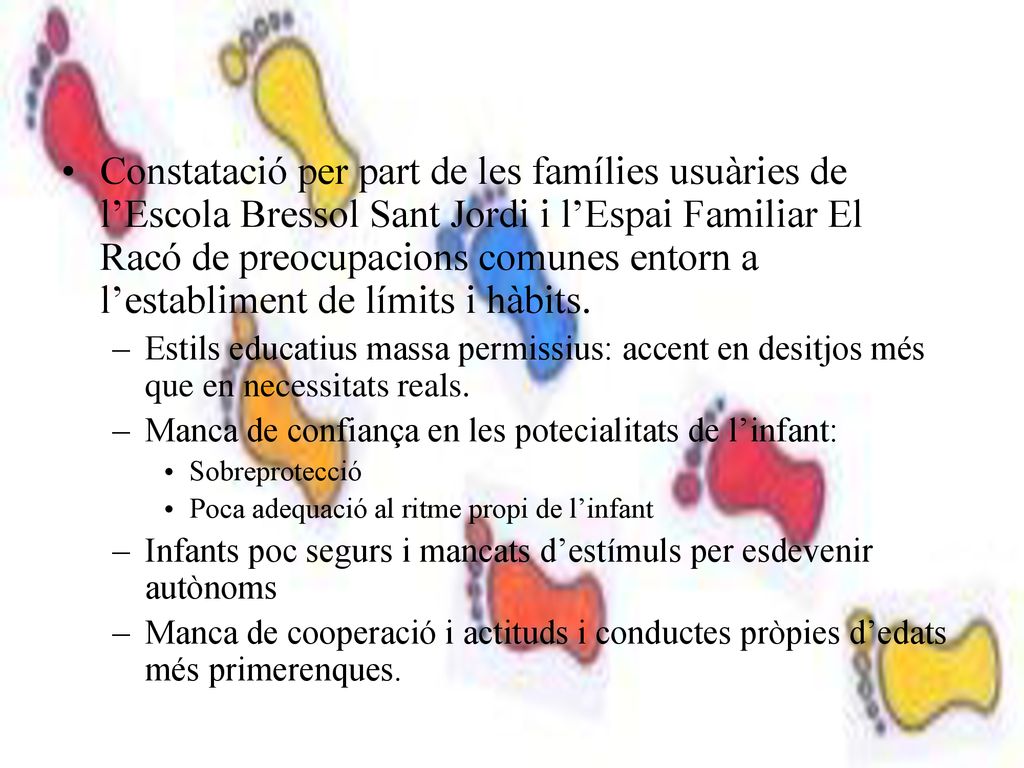 Constatació per part de les famílies usuàries de l’Escola Bressol Sant Jordi i l’Espai Familiar El Racó de preocupacions comunes entorn a l’establiment de límits i hàbits.
