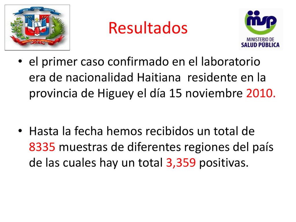 Resultados el primer caso confirmado en el laboratorio era de nacionalidad Haitiana residente en la provincia de Higuey el día 15 noviembre