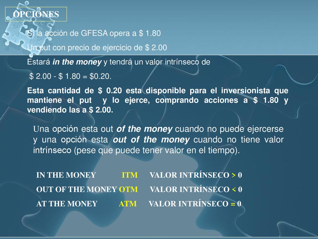OPCIONES Si la acción de GFESA opera a $ Un put con precio de ejercicio de $ Estará in the money y tendrá un valor intrínseco de.