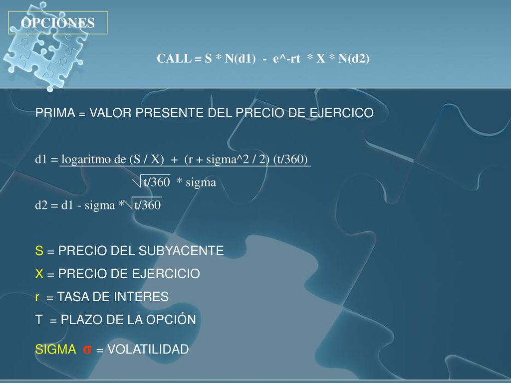 OPCIONES CALL = S * N(d1) - e^-rt * X * N(d2)