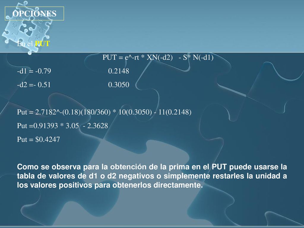 OPCIONES En el PUT PUT = e^-rt * XN(-d2) - S* N(-d1)