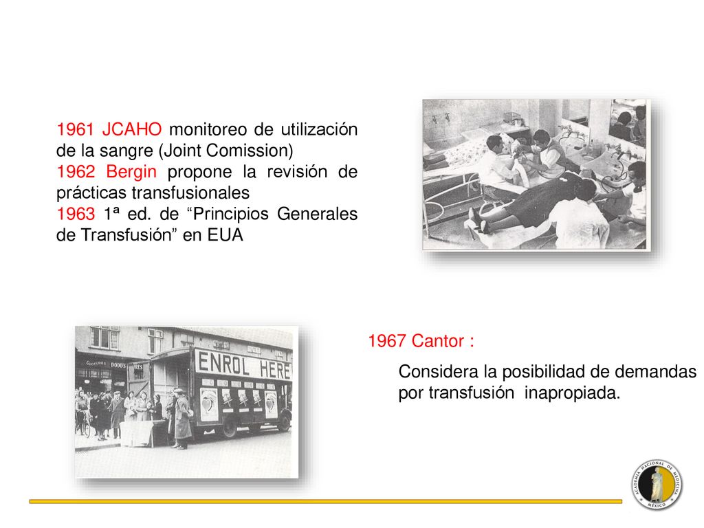 1961 JCAHO monitoreo de utilización de la sangre (Joint Comission)