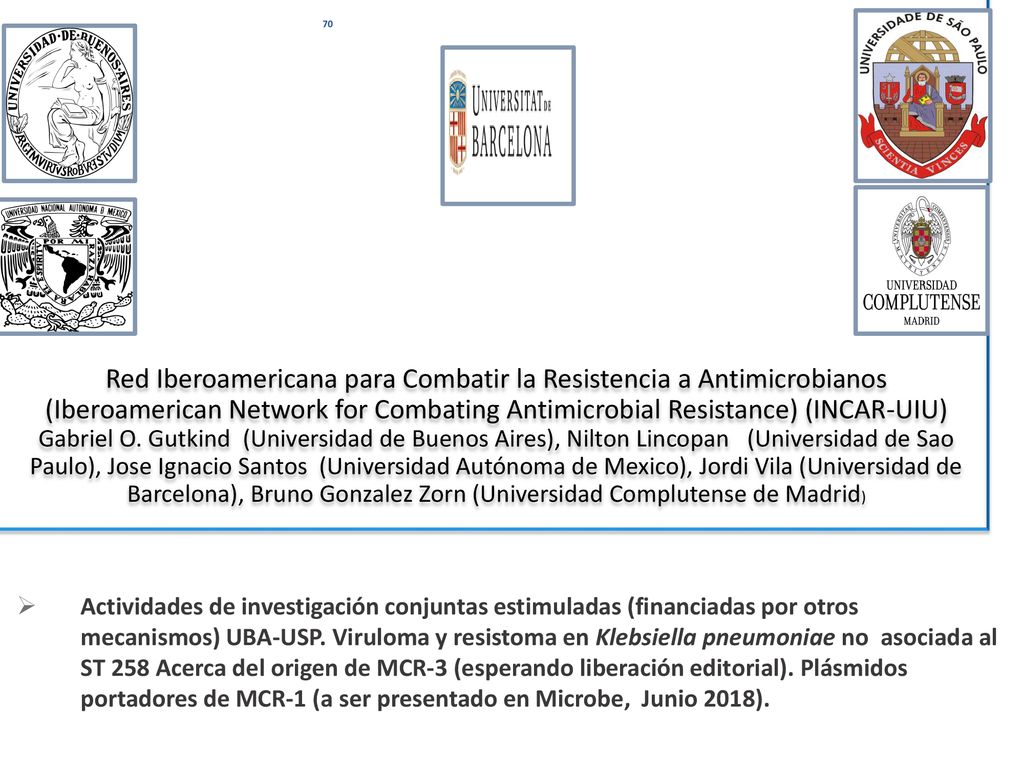 Red Iberoamericana para Combatir la Resistencia a Antimicrobianos (Iberoamerican Network for Combating Antimicrobial Resistance) (INCAR-UIU) Gabriel O. Gutkind (Universidad de Buenos Aires), Nilton Lincopan (Universidad de Sao Paulo), Jose Ignacio Santos (Universidad Autónoma de Mexico), Jordi Vila (Universidad de Barcelona), Bruno Gonzalez Zorn (Universidad Complutense de Madrid)