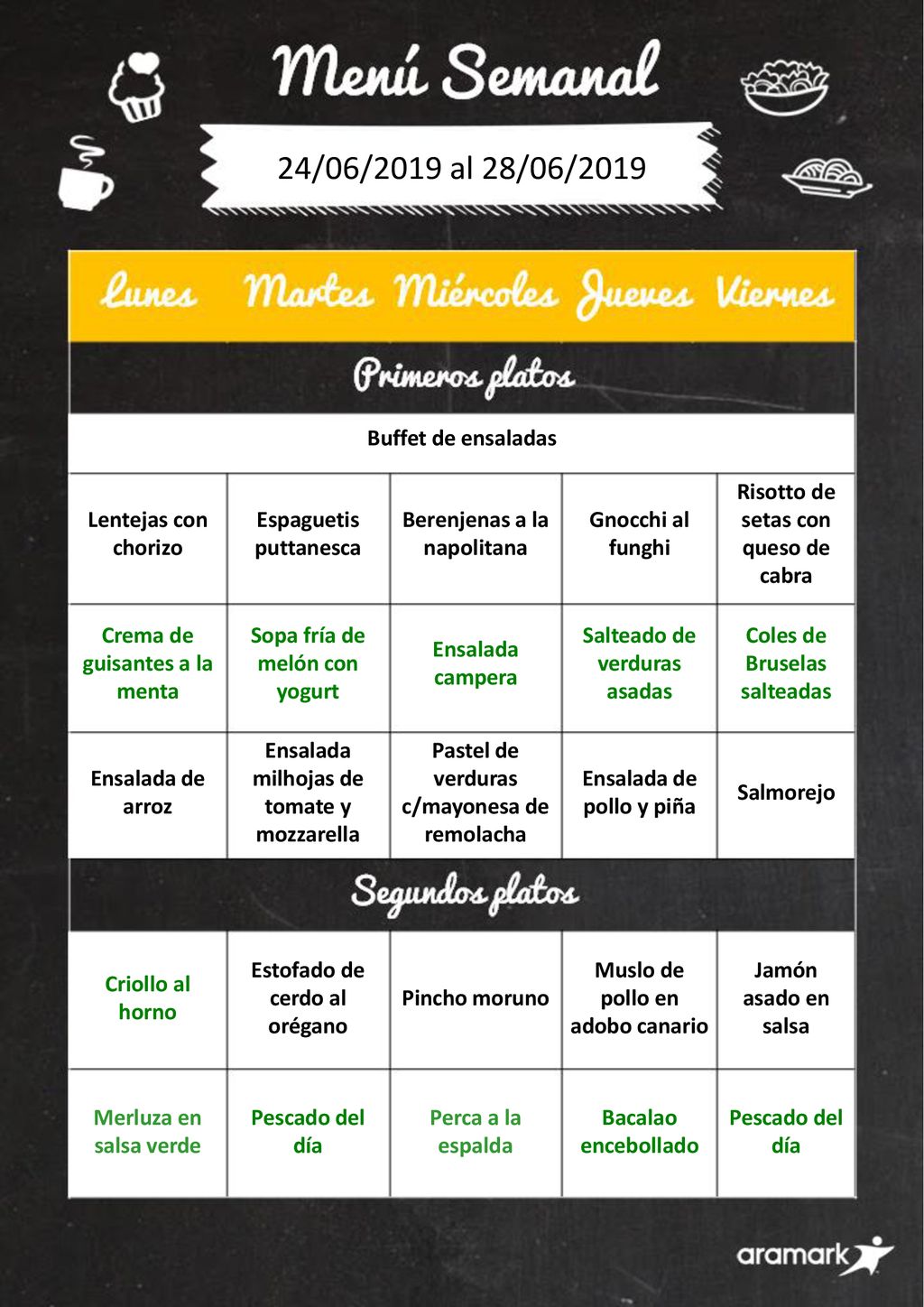 24/06/2019 al 28/06/2019 Buffet de ensaladas Lentejas con chorizo