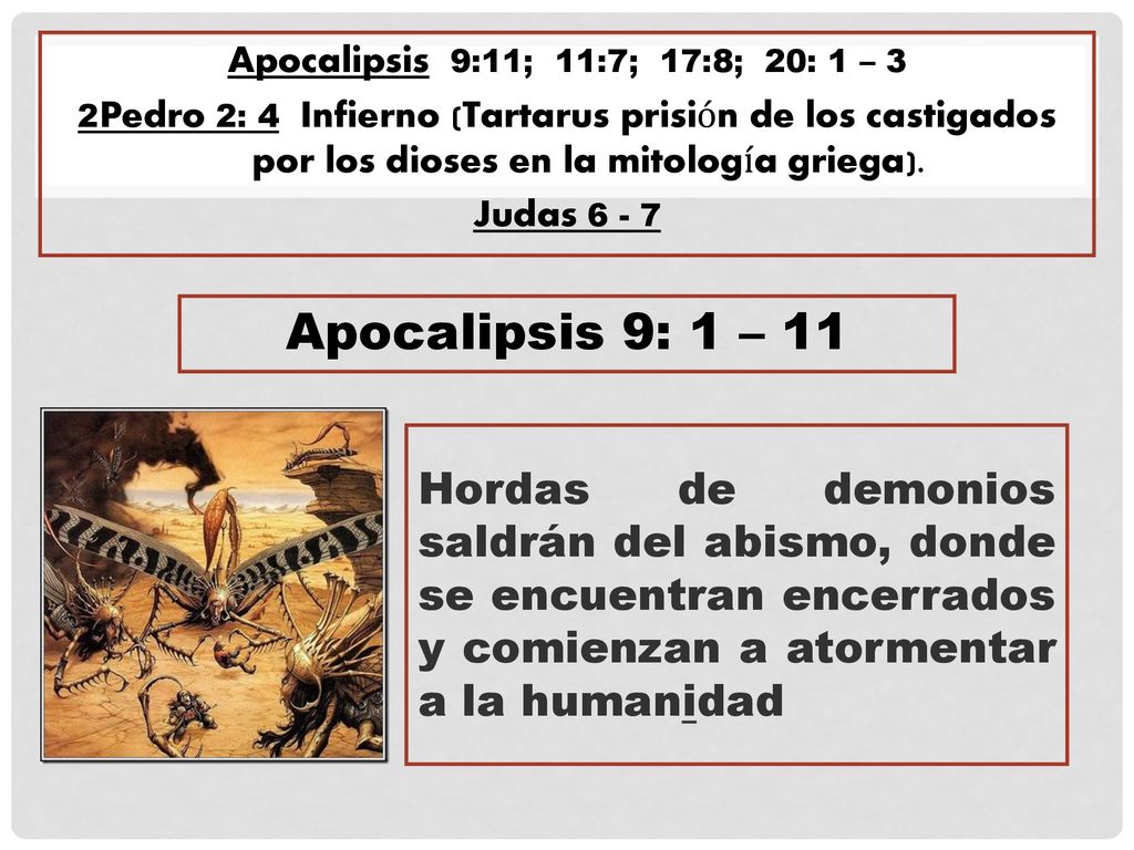 Apocalipsis 9:11; 11:7; 17:8; 20: 1 – 3 2Pedro 2: 4 Infierno (Tartarus prisión de los castigados por los dioses en la mitología griega).