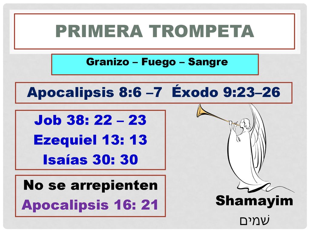 Primera Trompeta Apocalipsis 8:6 –7 Éxodo 9:23–26 Job 38: 22 – 23