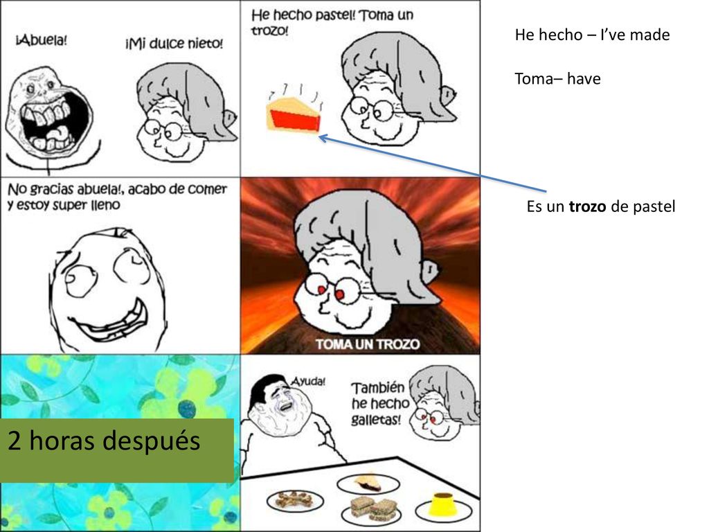 He hecho – I’ve made Toma– have Es un trozo de pastel 2 horas después