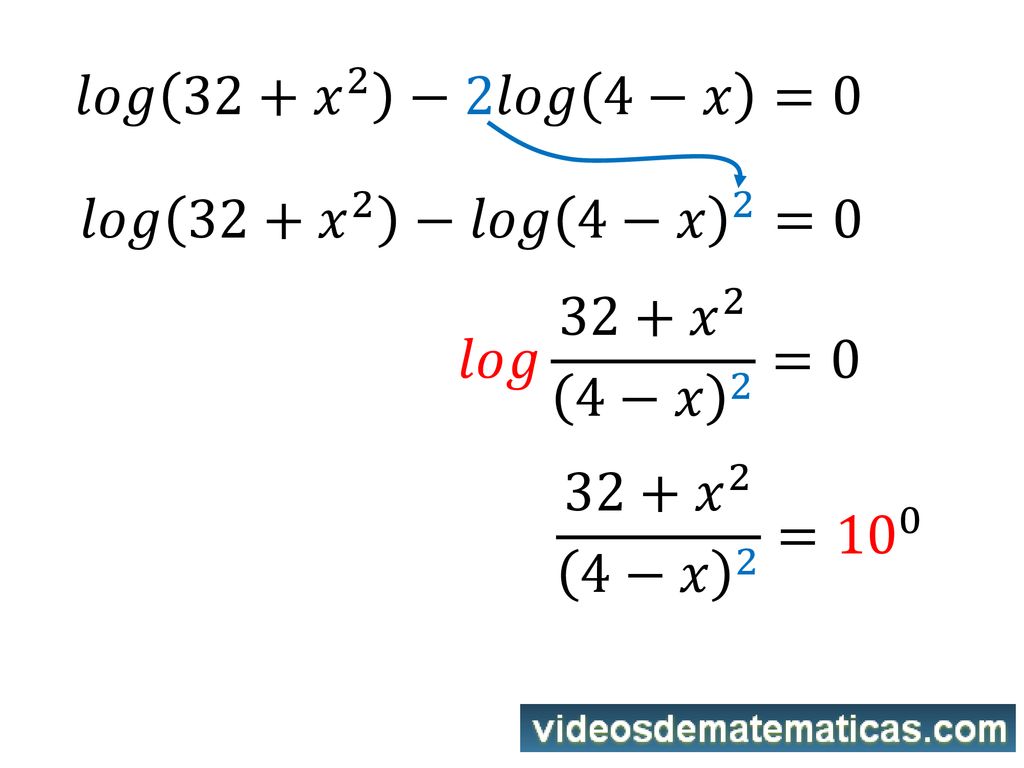 𝑙𝑜𝑔 32+ 𝑥 2 −2𝑙𝑜𝑔 4−𝑥 =0 𝑙𝑜𝑔 32+ 𝑥 2 − 𝑙𝑜𝑔 4−𝑥 2 =0.