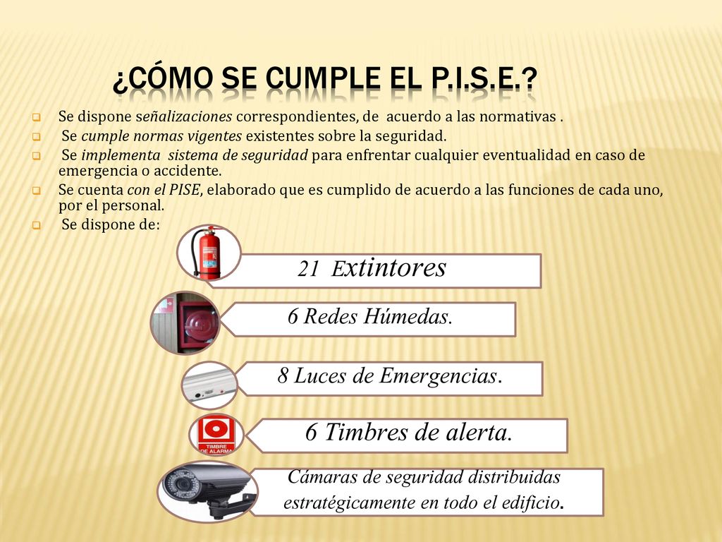 ¿Cómo se cumple el P.I.S.E. 6 Timbres de alerta. 21 Extintores