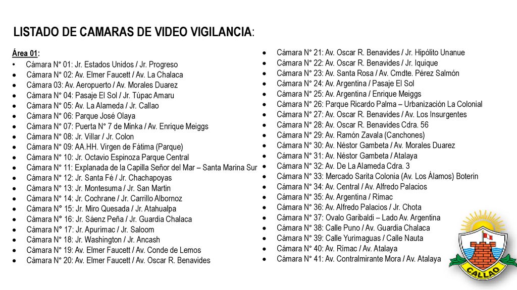 LISTADO DE CAMARAS DE VIDEO VIGILANCIA: