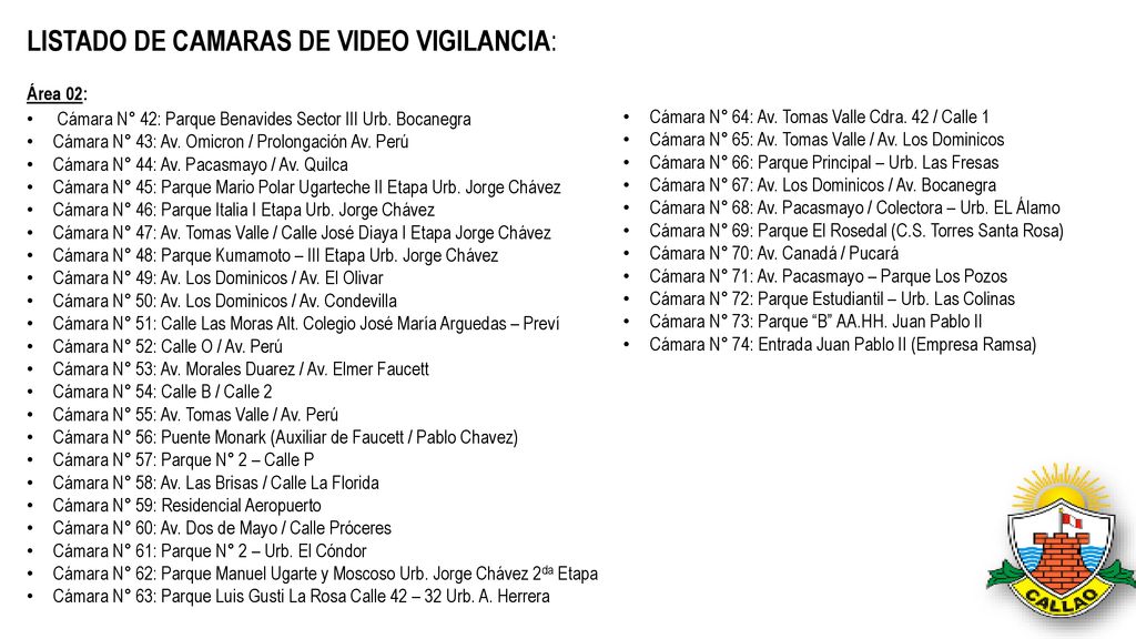 LISTADO DE CAMARAS DE VIDEO VIGILANCIA: