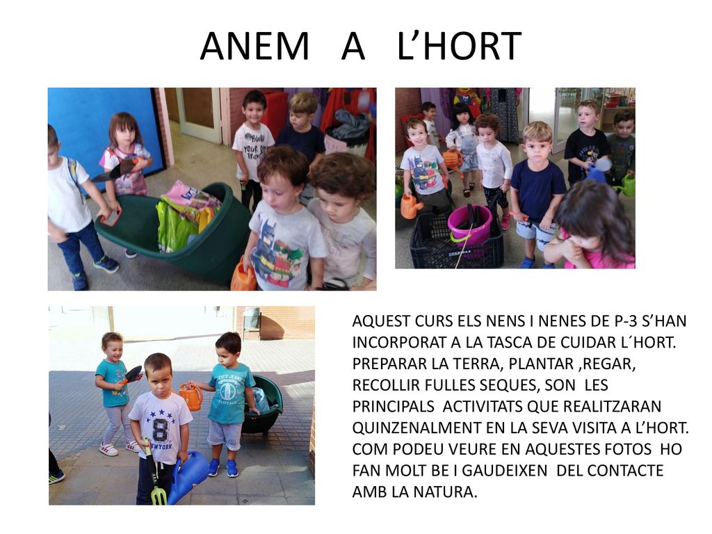 ANEM A L’HORT AQUEST CURS ELS NENS I NENES DE P-3 S’HAN INCORPORAT A LA TASCA DE CUIDAR L´HORT.