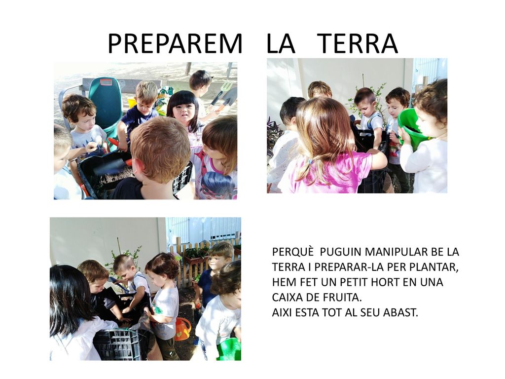 PREPAREM LA TERRA PERQUÈ PUGUIN MANIPULAR BE LA TERRA I PREPARAR-LA PER PLANTAR, HEM FET UN PETIT HORT EN UNA CAIXA DE FRUITA.