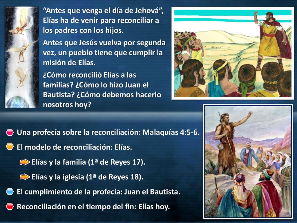 Antes que venga el día de Jehová , Elías ha de venir para reconciliar a los padres con los hijos.
