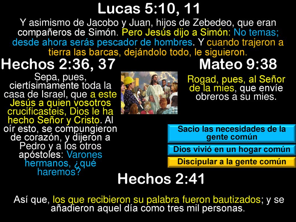 Lucas 5:10, 11 Hechos 2:36, 37 Mateo 9:38 Hechos 2:41