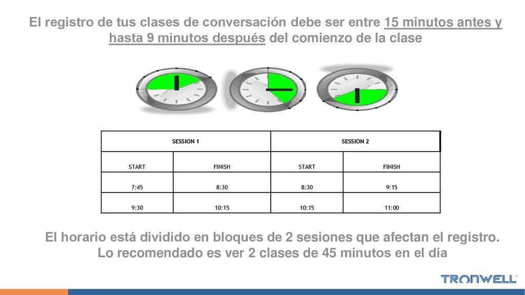 El registro de tus clases de conversación debe ser entre 15 minutos antes y hasta 9 minutos después del comienzo de la clase