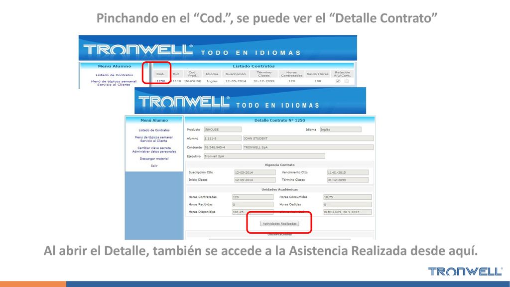 Pinchando en el Cod. , se puede ver el Detalle Contrato