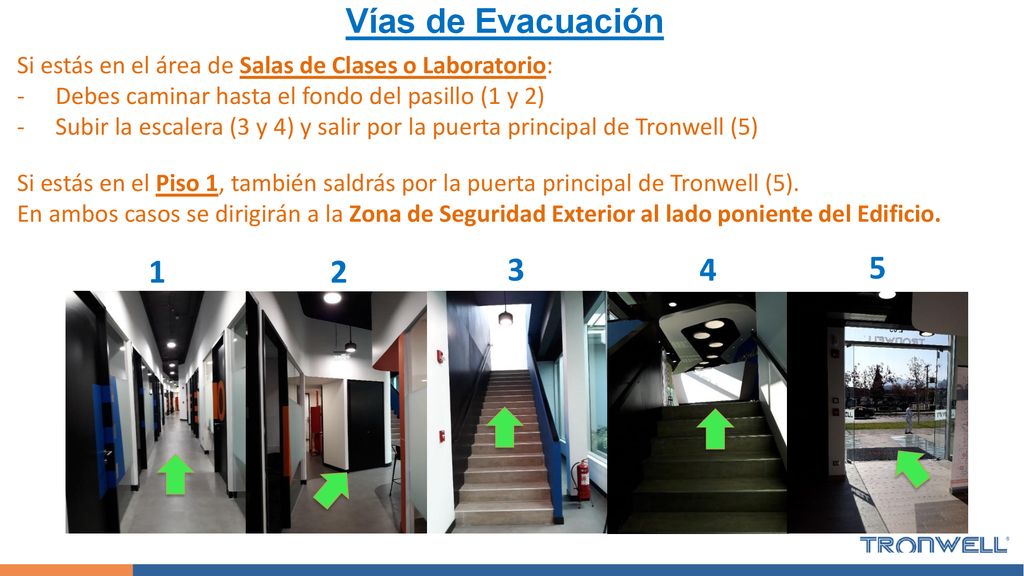 Vías de Evacuación Si estás en el área de Salas de Clases o Laboratorio: Debes caminar hasta el fondo del pasillo (1 y 2)