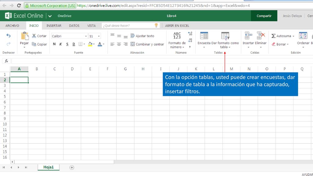 Con la opción tablas, usted puede crear encuestas, dar formato de tabla a la información que ha capturado, insertar filtros.
