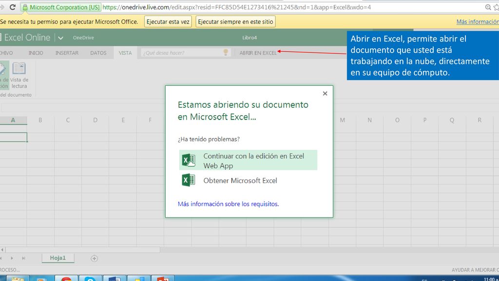 Abrir en Excel, permite abrir el documento que usted está trabajando en la nube, directamente en su equipo de cómputo.