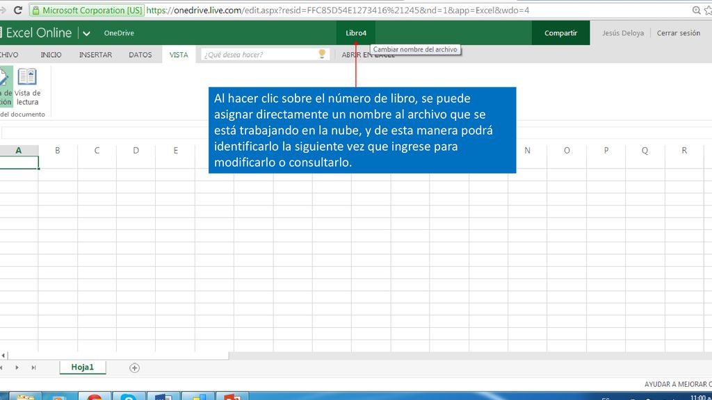 Al hacer clic sobre el número de libro, se puede asignar directamente un nombre al archivo que se está trabajando en la nube, y de esta manera podrá identificarlo la siguiente vez que ingrese para modificarlo o consultarlo.