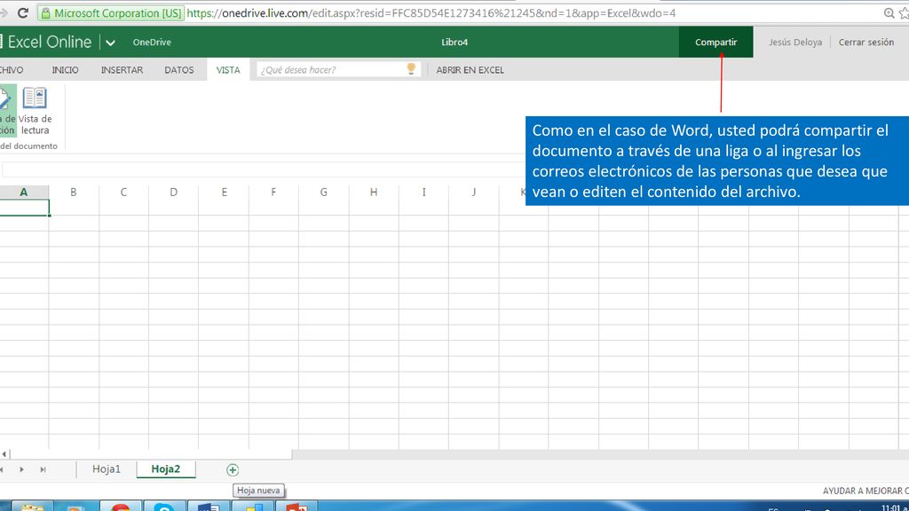 Como en el caso de Word, usted podrá compartir el documento a través de una liga o al ingresar los correos electrónicos de las personas que desea que vean o editen el contenido del archivo.
