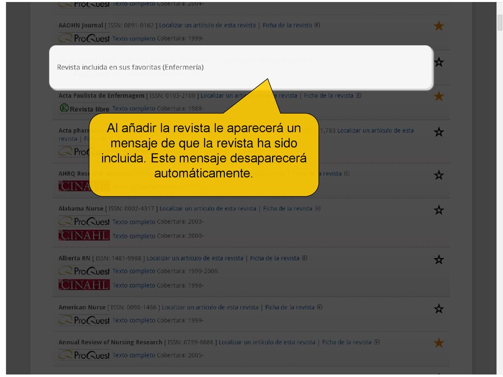 Al añadir la revista le aparecerá un mensaje de que la revista ha sido incluida.