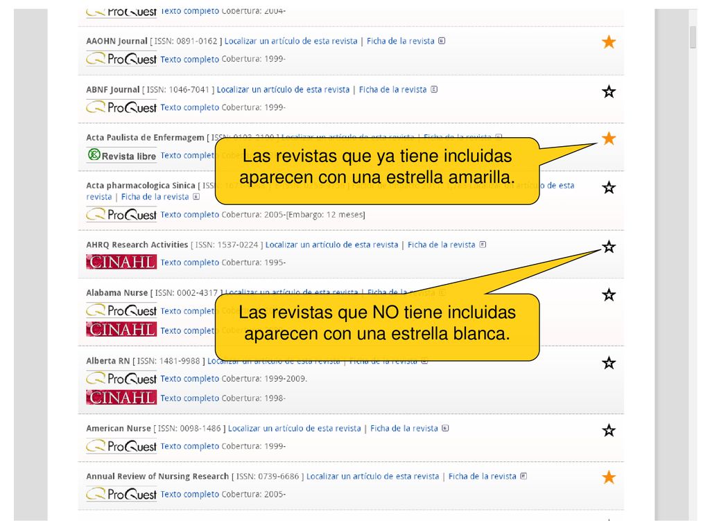 Las revistas que NO tiene incluidas aparecen con una estrella blanca.