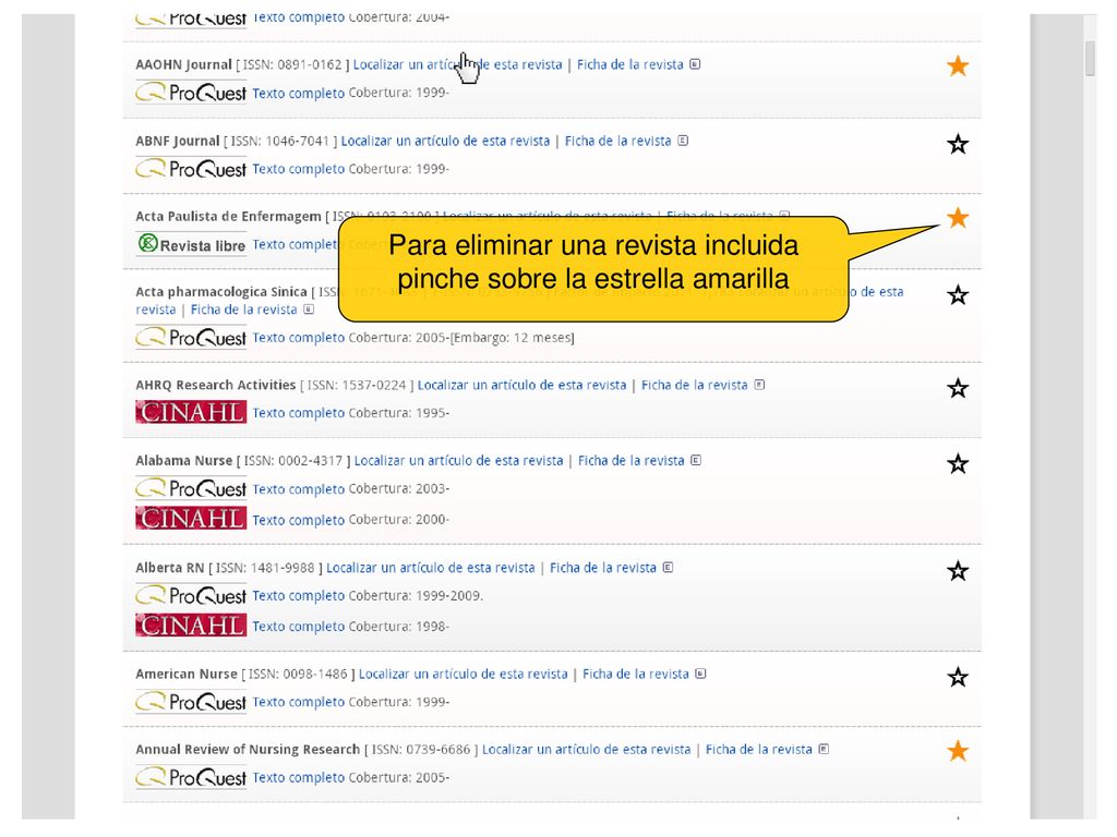 Para eliminar una revista incluida pinche sobre la estrella amarilla