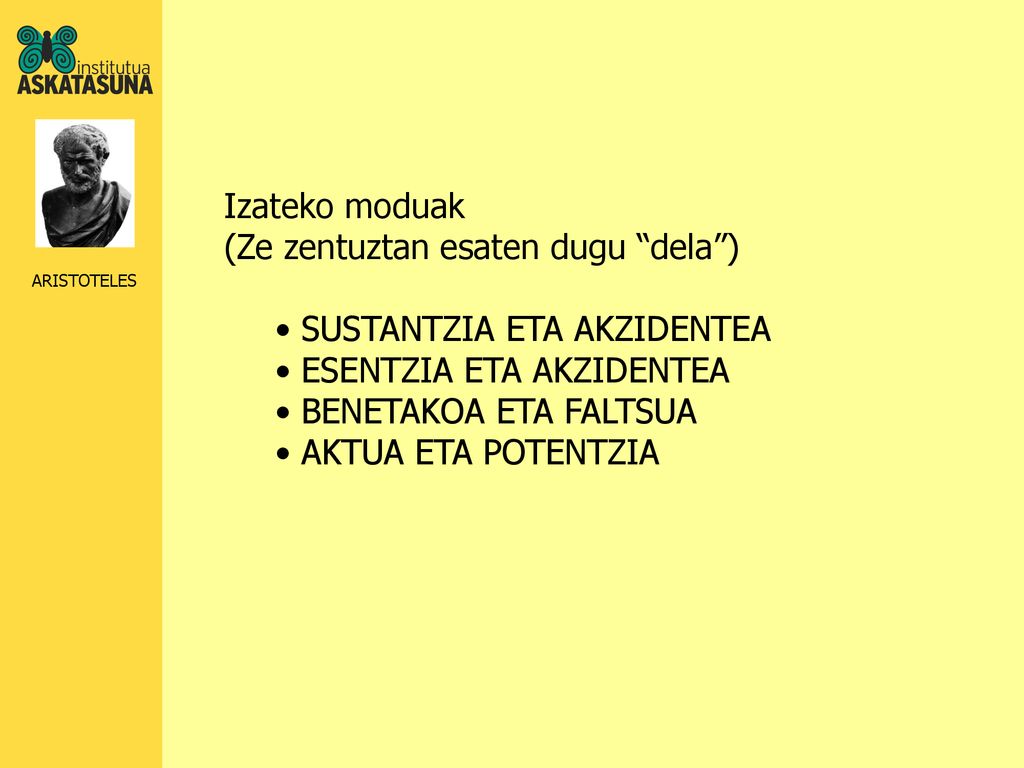 Izateko moduak (Ze zentuztan esaten dugu dela ) SUSTANTZIA ETA AKZIDENTEA. ESENTZIA ETA AKZIDENTEA.