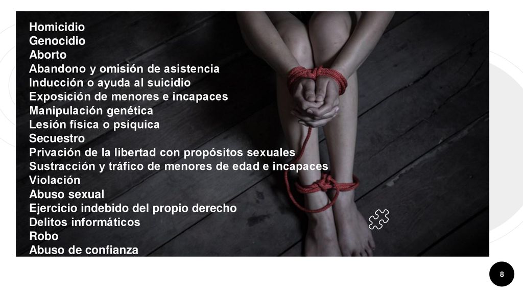 Homicidio Genocidio Aborto Abandono y omisión de asistencia Inducción o ayuda al suicidio Exposición de menores e incapaces Manipulación genética Lesión física o psíquica Secuestro Privación de la libertad con propósitos sexuales Sustracción y tráfico de menores de edad e incapaces Violación Abuso sexual Ejercicio indebido del propio derecho Delitos informáticos Robo Abuso de confianza