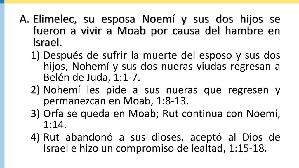 Elimelec, su esposa Noemí y sus dos hijos se fueron a vivir a Moab por causa del hambre en Israel.