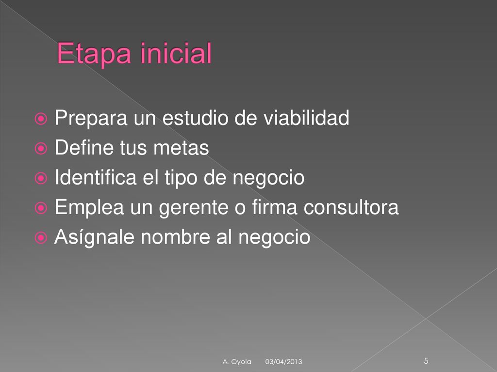 Etapa inicial Prepara un estudio de viabilidad Define tus metas