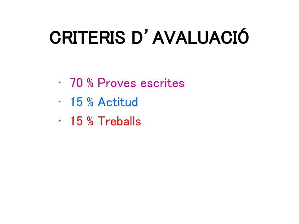 CRITERIS D’AVALUACIÓ 70 % Proves escrites 15 % Actitud 15 % Treballs