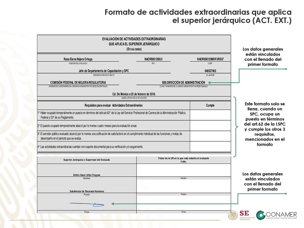 Formato de actividades extraordinarias que aplica el superior jerárquico (ACT. EXT.)