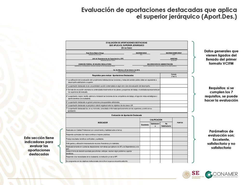 Evaluación de aportaciones destacadas que aplica el superior jerárquico (Aport.Des.)